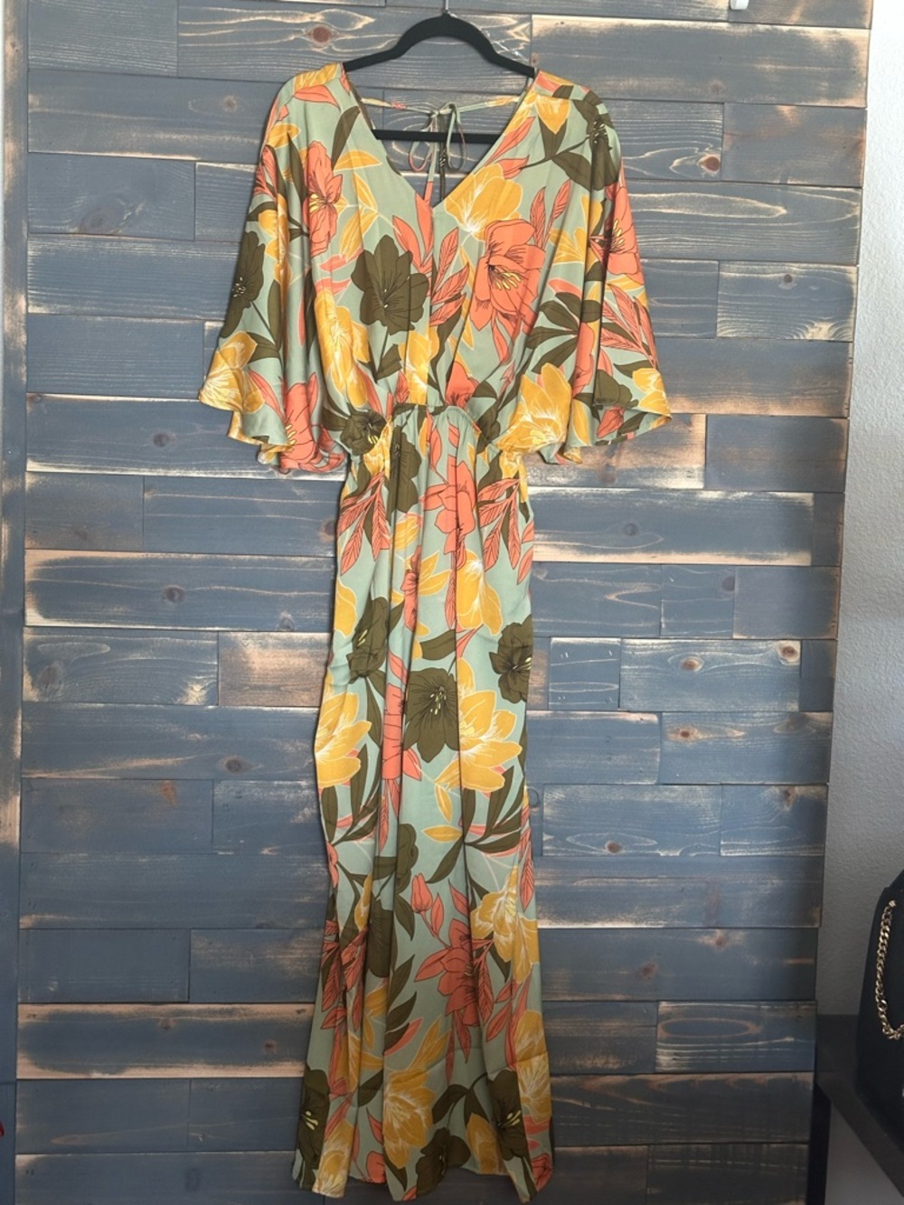 easel Floral V-Neck Wide Sleeve Jumpsuit in Light Green, Yellow & Coral